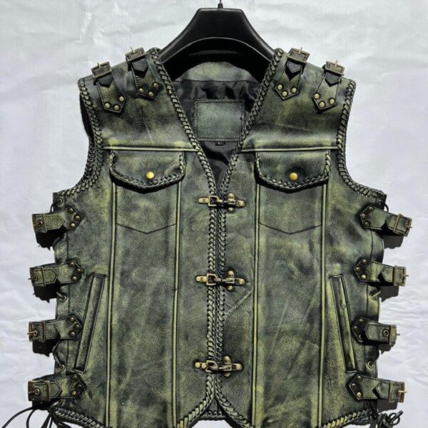Distressed olive green leather biker vest by NP Leather