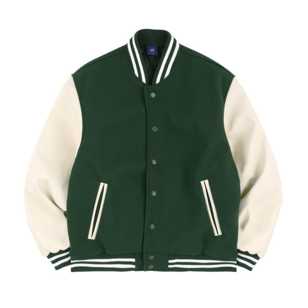 Forest green wool varsity jacket with cream leather sleeves by NP Leather