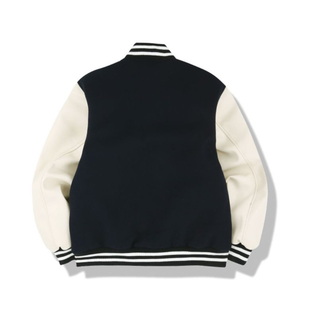 Navy wool varsity jacket with cream leather sleeves by NP Leather