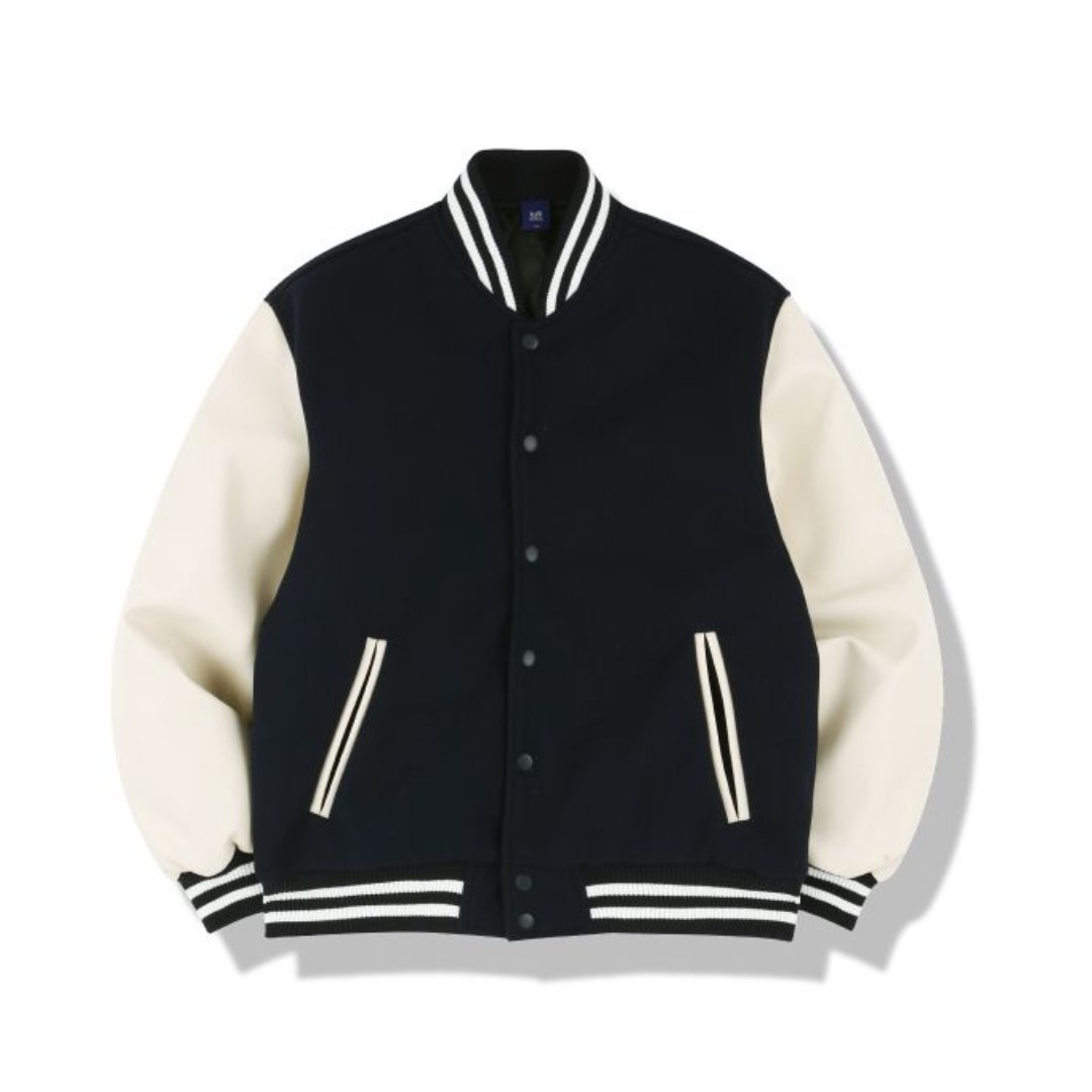 Navy wool varsity jacket with cream leather sleeves by NP Leather